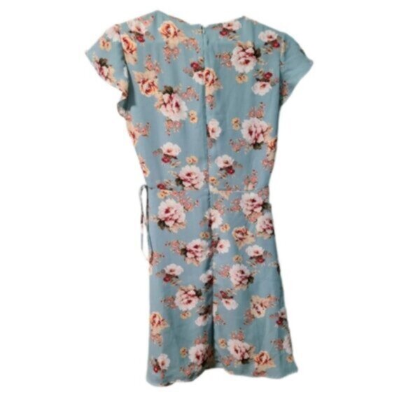 Lord & Taylor Blue Floral Wrap Side Tie Flutter Ruffle Cap Sleeve Mini Dress XS - Picture 9 of 16